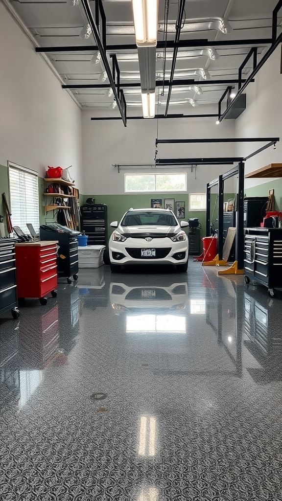 A bright and organized garage featuring a white car and shiny epoxy flooring.