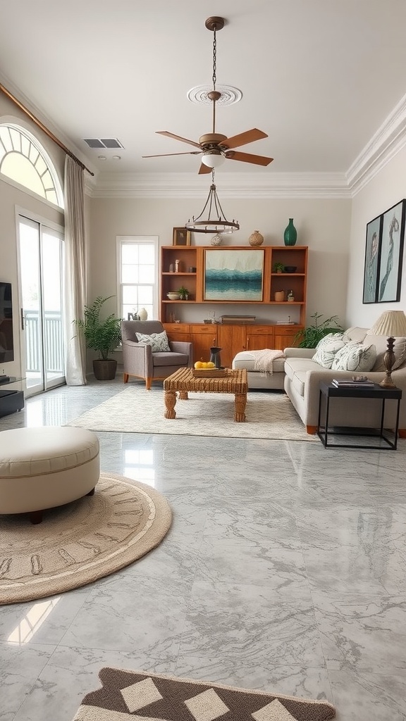 Family enjoying a bright living room with epoxy flooring, showcasing durability and style.