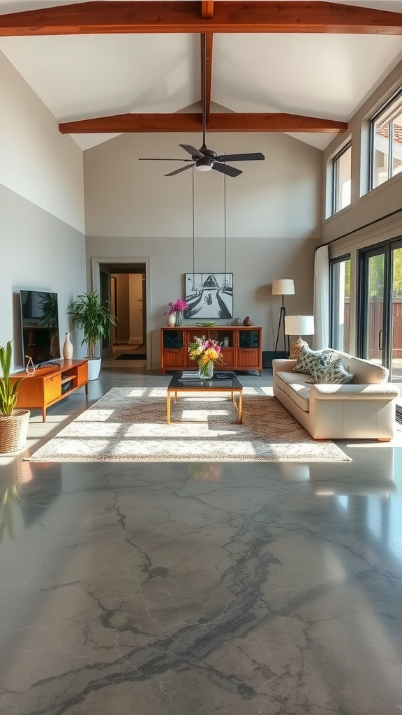 A modern living room featuring glossy epoxy flooring, a stylish couch, and a decorative wall.