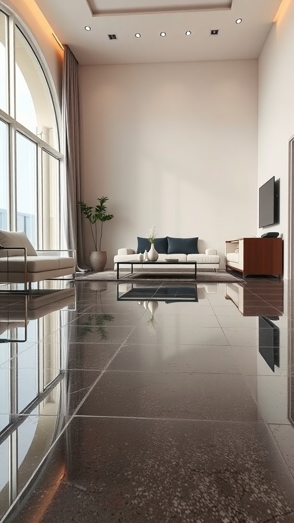 A sleek living room with epoxy flooring, showcasing a modern design and natural light.