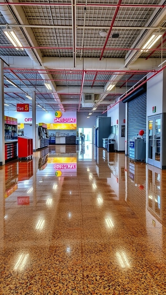 A modern commercial space featuring glossy black epoxy flooring, with wooden tables and chairs, creating a stylish environment.