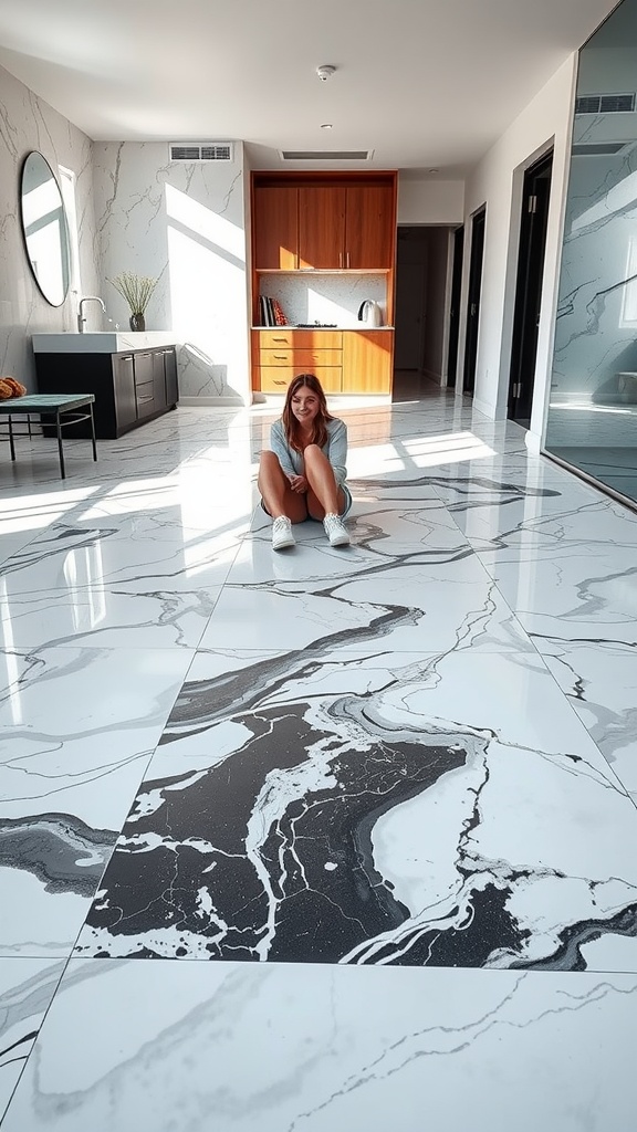 A beautiful living space with heated marble floors, showcasing elegant patterns and warm lighting.