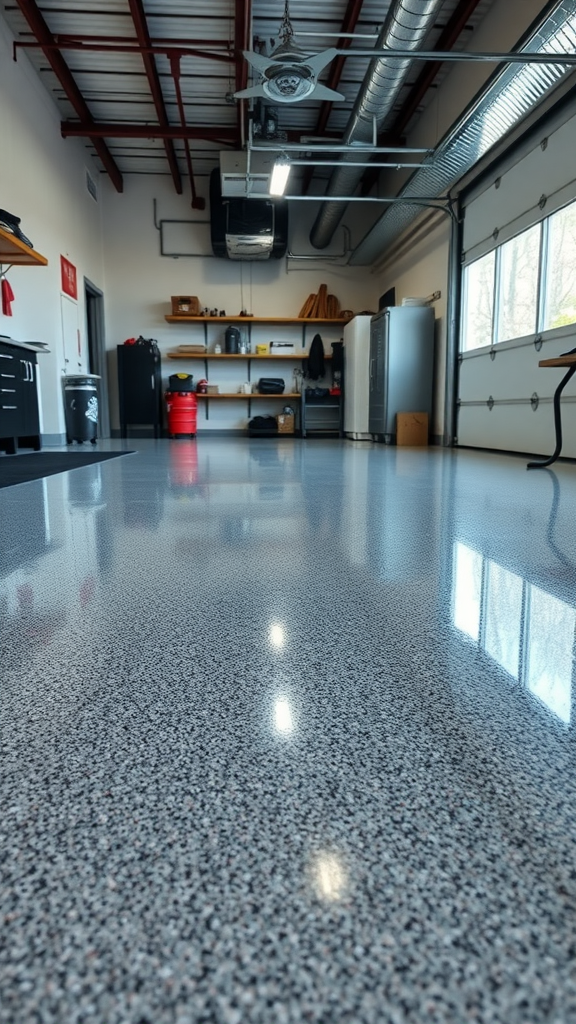 A sleek, high gloss epoxy floor in a well-lit garage, showcasing a clean and spacious workspace.