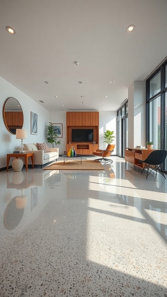 A polished epoxy floor in a modern commercial space.