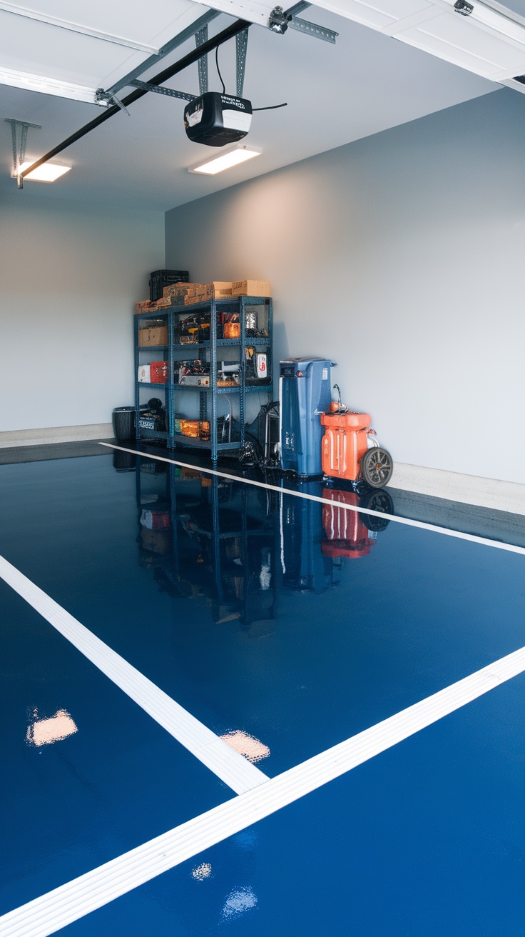 A blue epoxy floor in a garage with tools and storage.