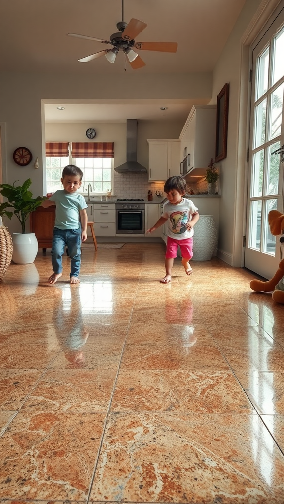 Eco-friendly indoor space featuring sustainable epoxy flooring and lush green plants.