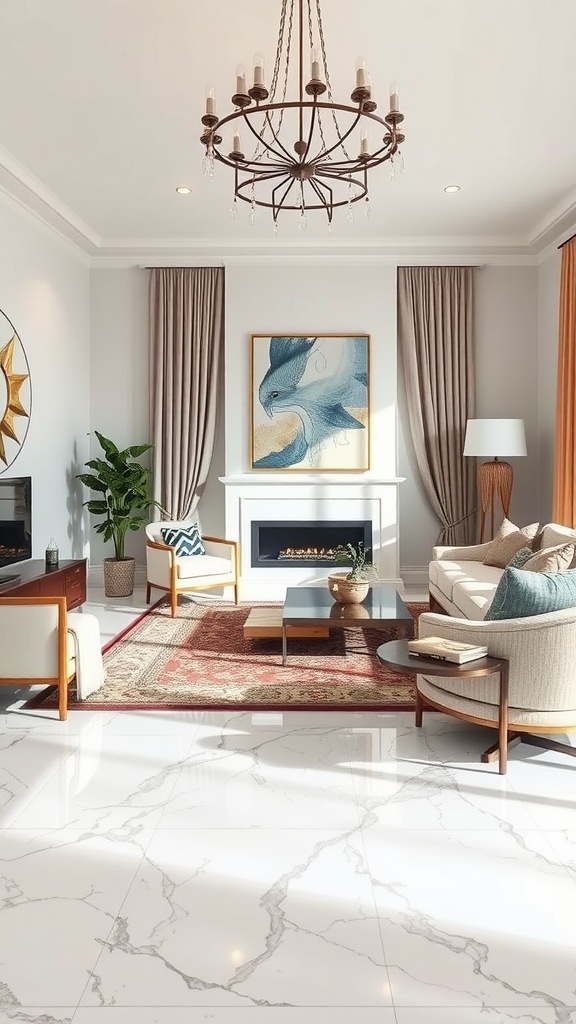 A bright living room featuring white marble look metallic epoxy flooring, a cozy sofa, and stylish decor.