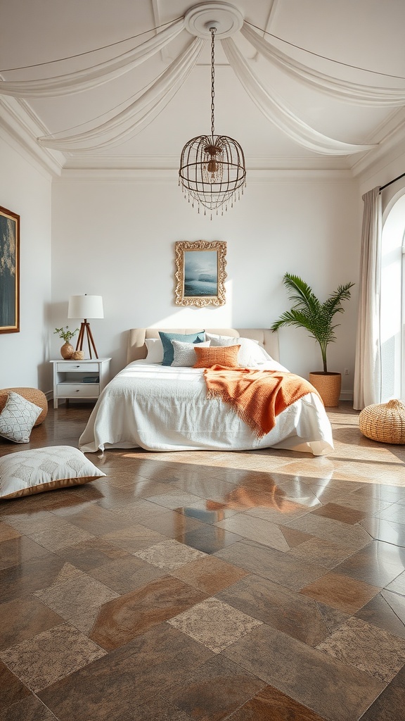 A cozy living room with warm-toned epoxy floors, featuring stylish furniture and decor.