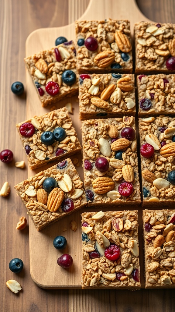 Delicious berry and nut granola bars cut into squares on a wooden board.