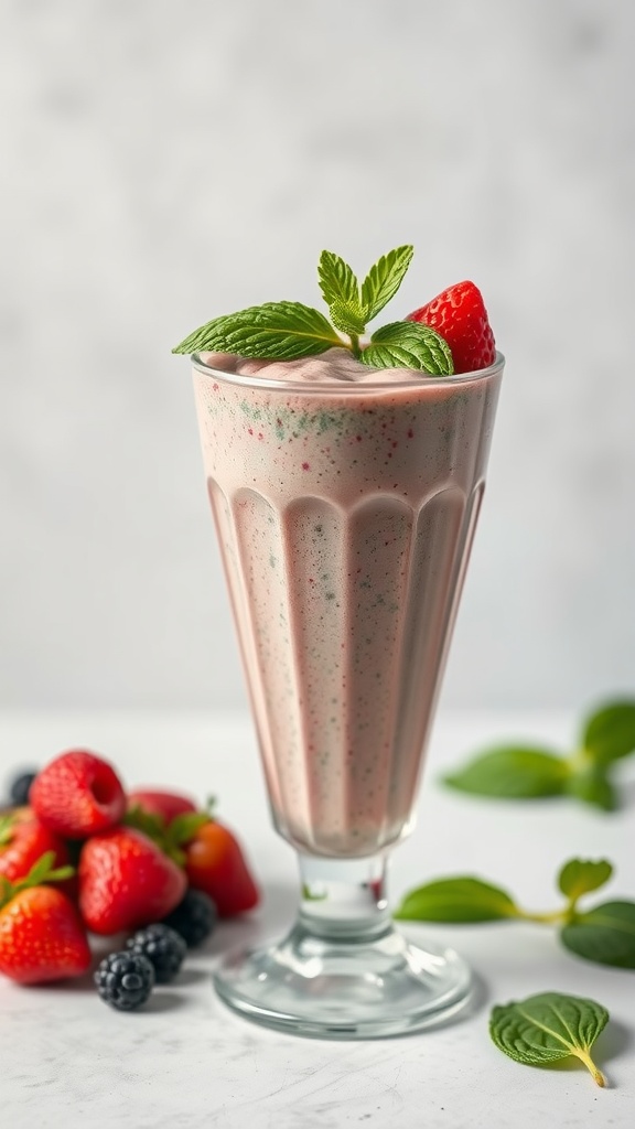 A refreshing berry and spinach smoothie in a glass, garnished with a mint leaf and a strawberry.
