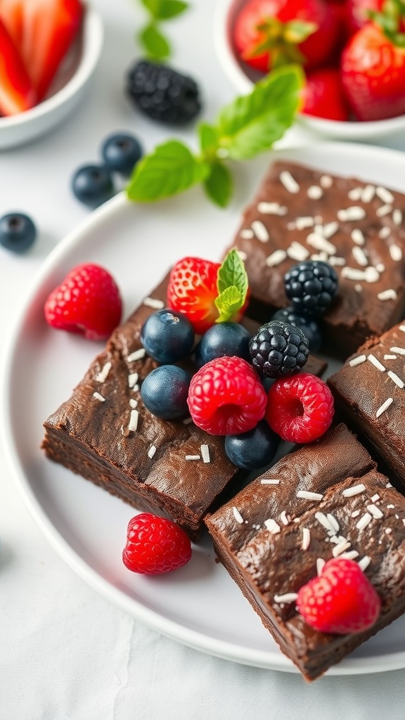 Delicious berry bliss brownies topped with fresh berries and chocolate.