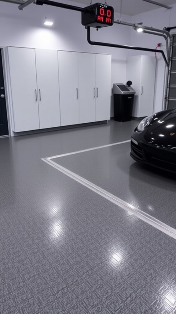 Modern garage with a black epoxy floor, red cabinets, and checkered patterns