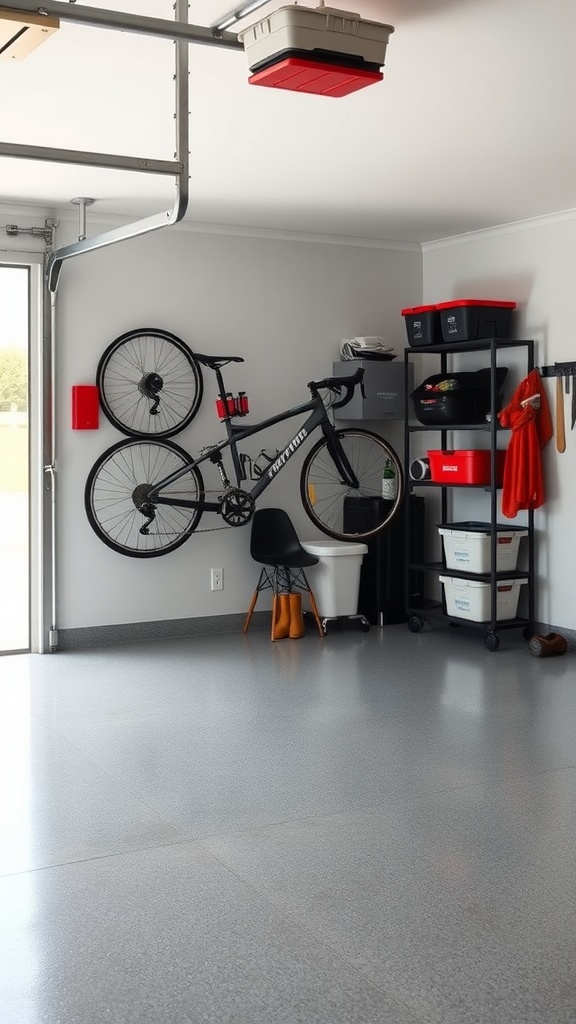 A stylish garage with a wall-mounted bicycle rack and epoxy floors.