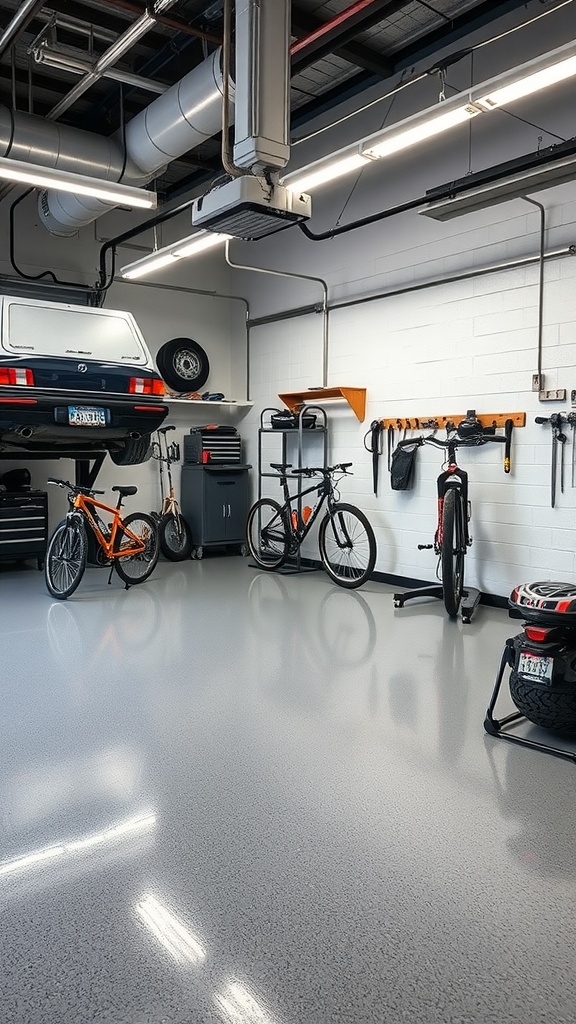 A tidy bike repair and maintenance station in a modern garage, featuring a polished floor and organized tools.