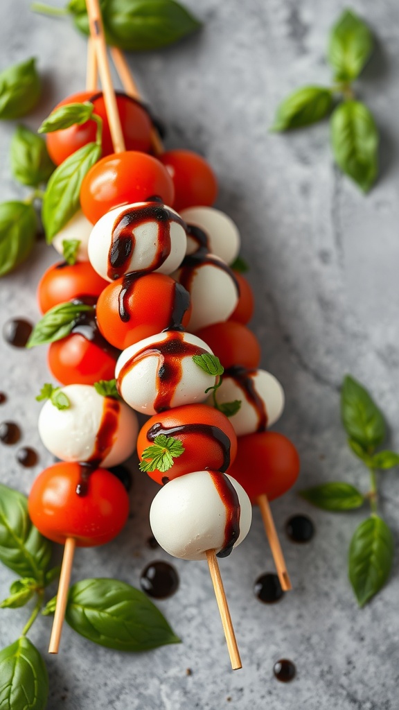 Bite-sized Caprese skewers with mozzarella balls, cherry tomatoes, and basil drizzled with balsamic glaze.