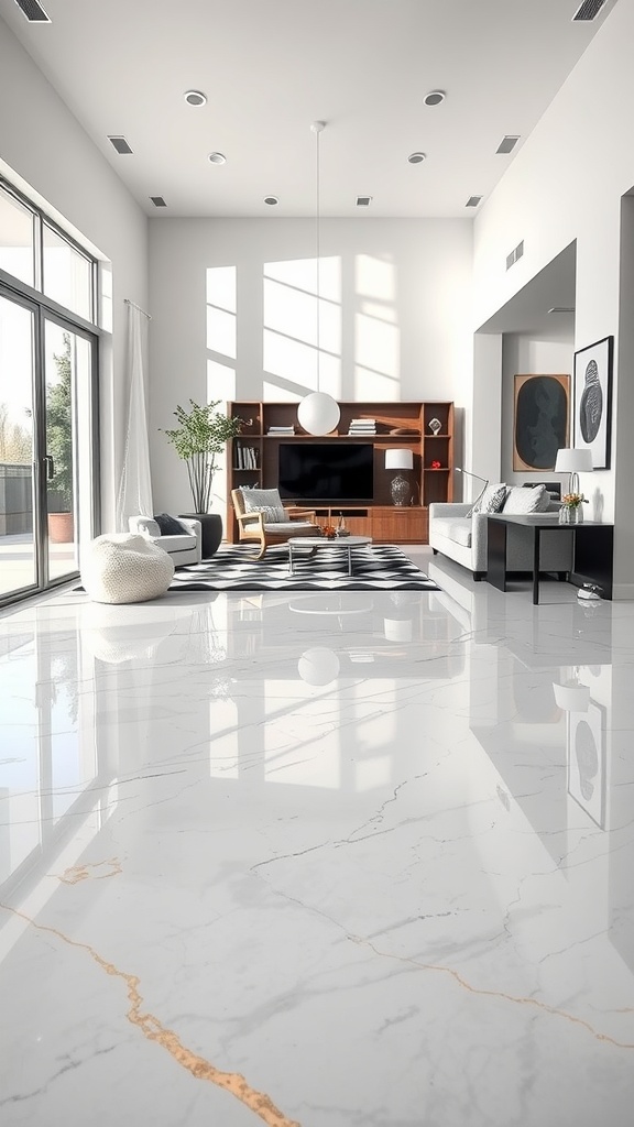 Living room with black and white epoxy flooring, featuring modern furniture and natural light.