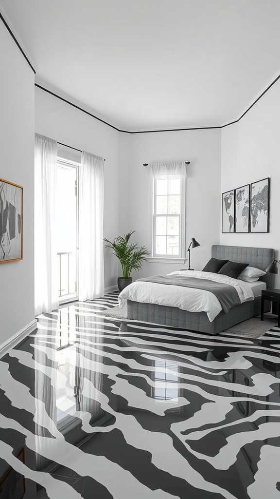 A modern bedroom with black and white striped epoxy floors, featuring a gray bed, white curtains, and a stylish decor.