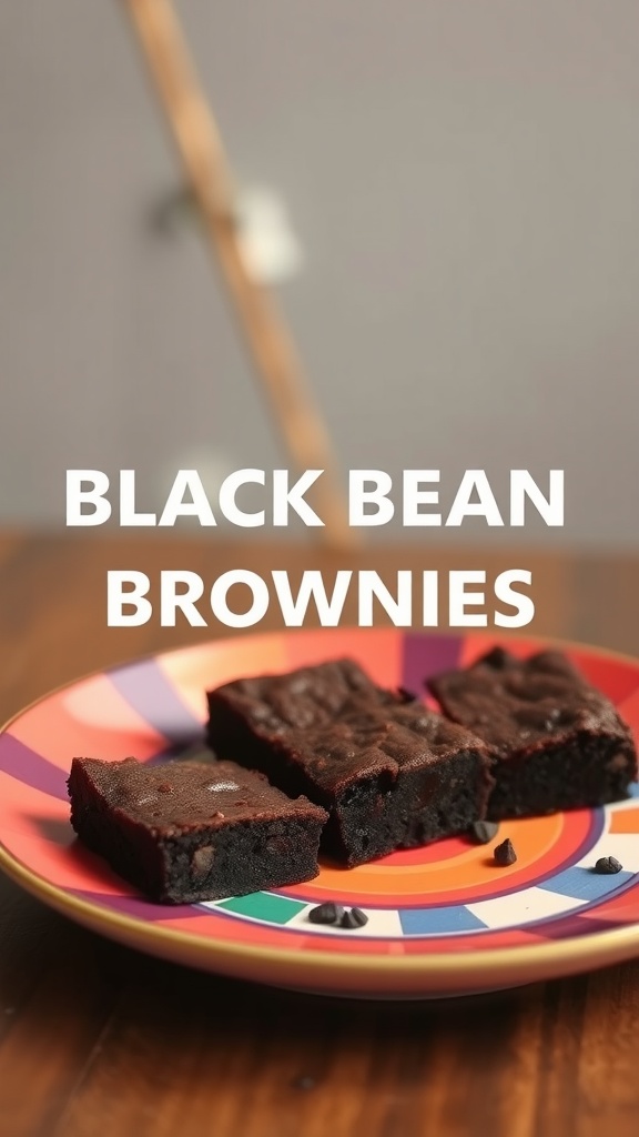 Delicious black bean brownies served on a colorful plate