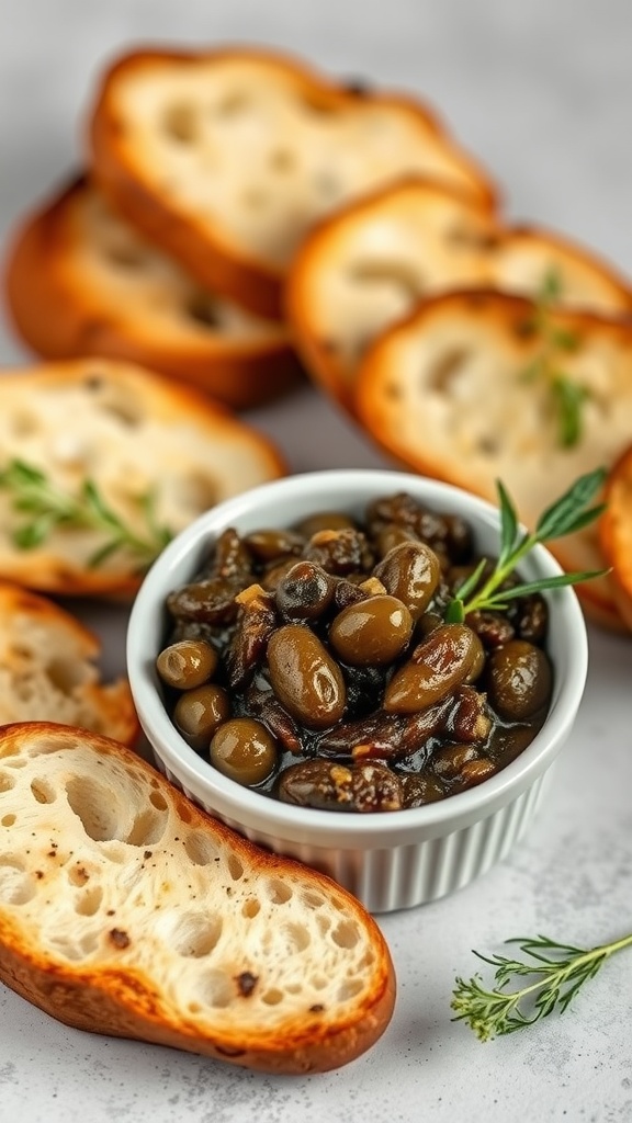 A bowl of black olive tapenade served with toasted bread