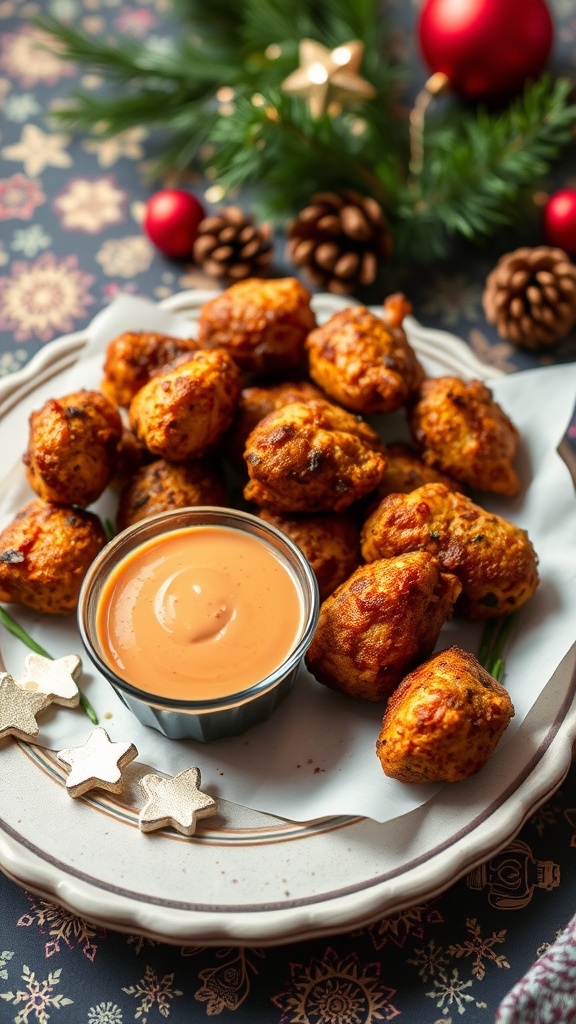 Delicious blackened chicken bites served with a dipping sauce.