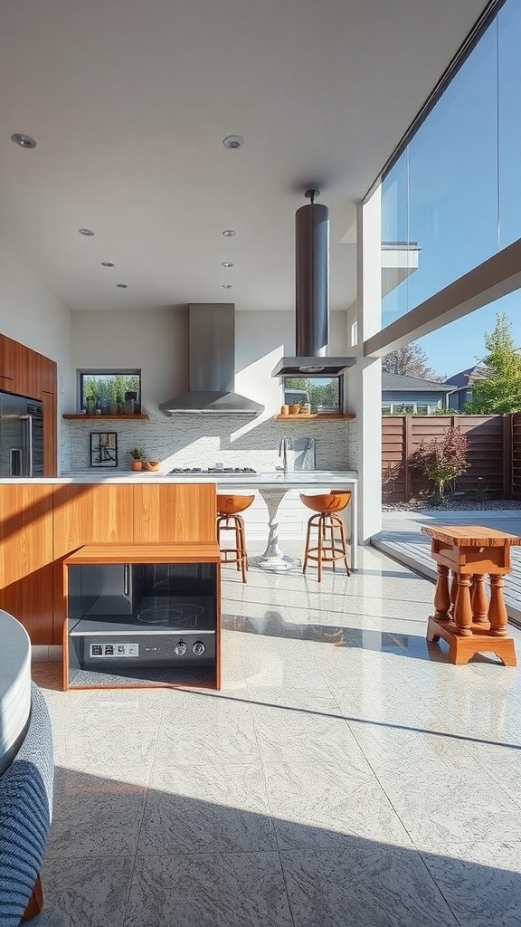 A modern farmhouse kitchen with epoxy flooring, featuring a kitchen island table and large windows.