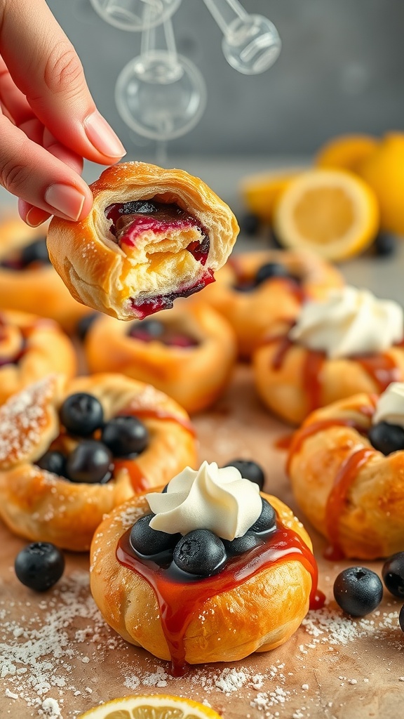 Delicious blueberry lemon puff pastry rolls topped with whipped cream and blueberries.
