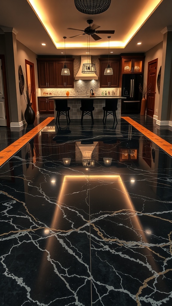 A luxurious black marble epoxy floor featuring striking gold veining with an accent border in a modern kitchen.
