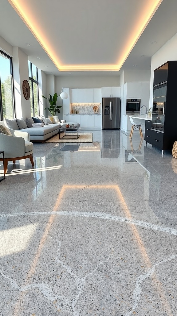 Stylish living room with polished epoxy floor featuring bold accent colors and modern decor