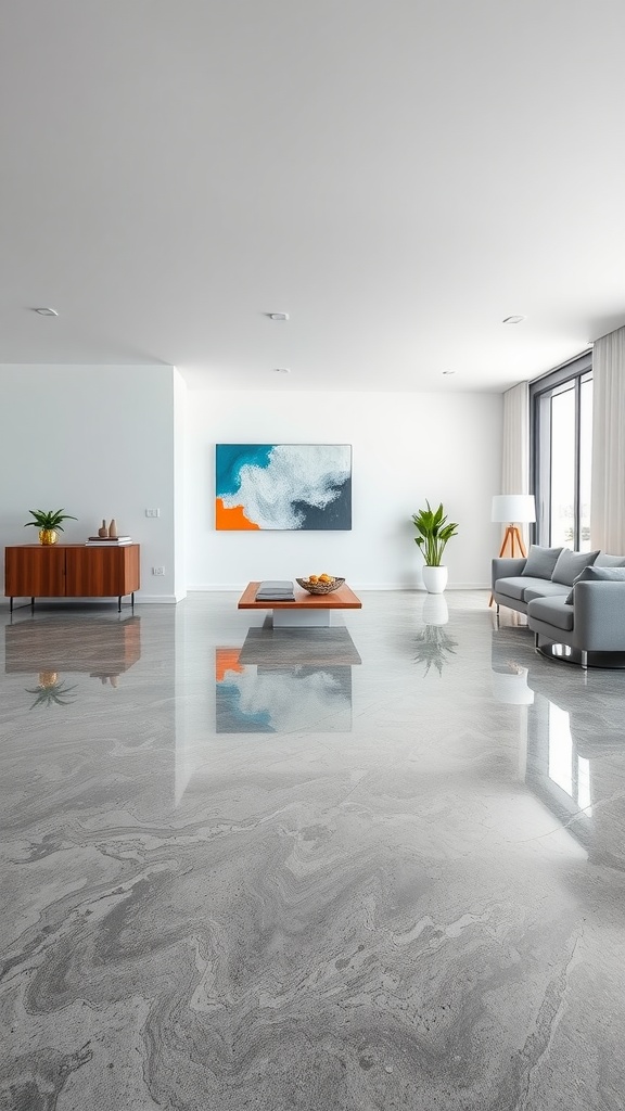 A modern living room featuring a white and grey epoxy floor with a contemporary design.