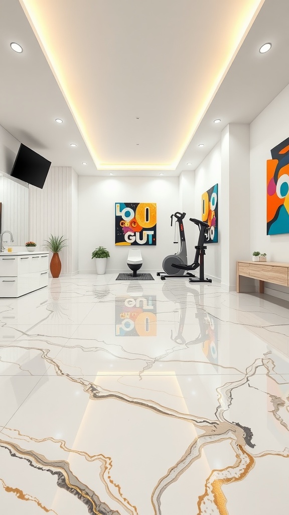 A modern room featuring a marble epoxy floor with colorful artwork on the walls and a fitness bike.