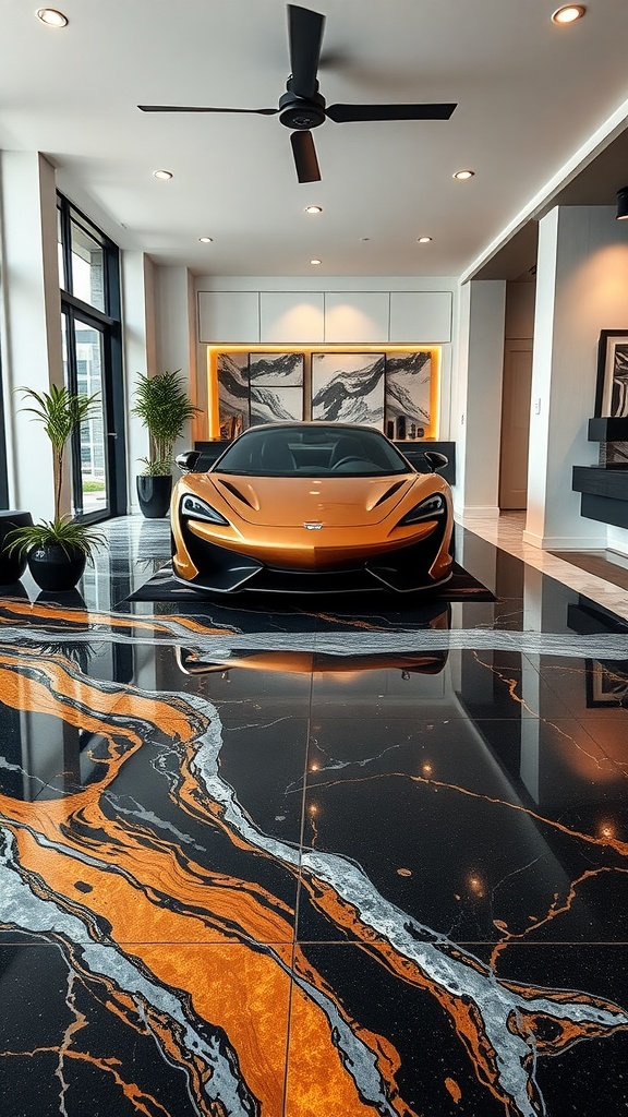 A stylish interior featuring a luxury car on a dark marble floor with orange accents.
