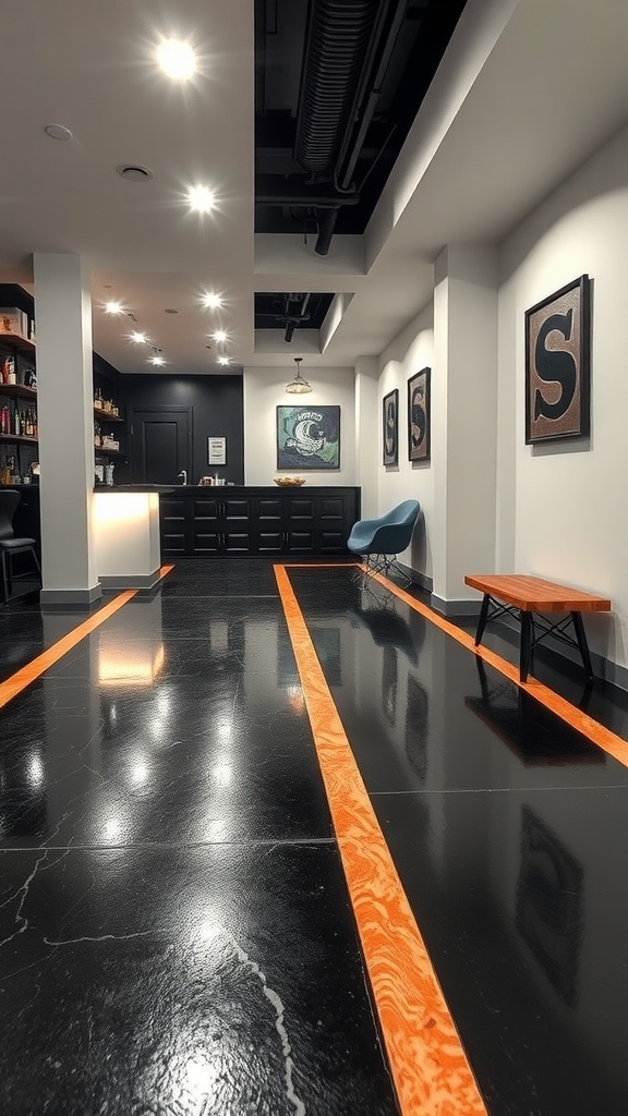 Stylish epoxy basement floor with bold orange stripes on a black background.