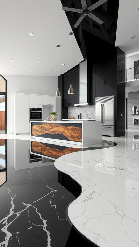 A modern kitchen featuring bold black and white epoxy floors with a stylish kitchen island design.