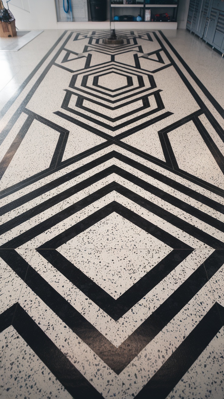 Bold black and white epoxy flake floor with geometric patterns