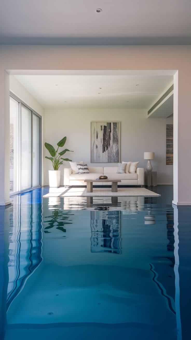 Room with a bold blue metallic epoxy floor and modern furniture.