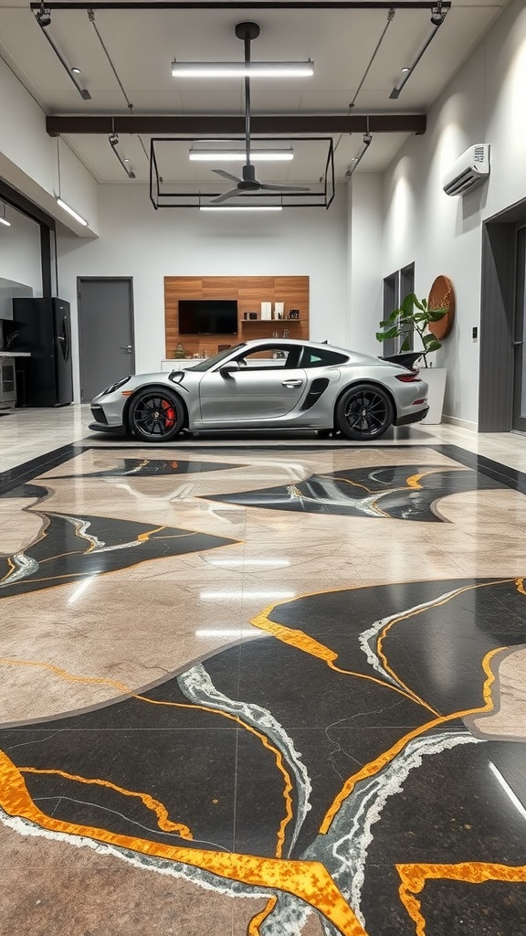 An elegant garage space with a metallic epoxy floor featuring bold patterns and a sports car.