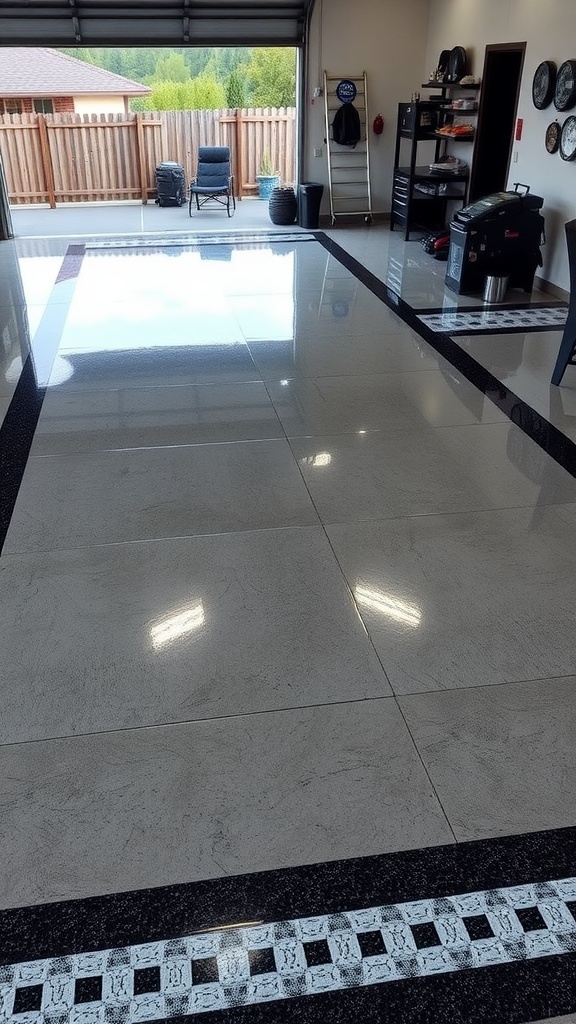 A polished epoxy garage floor with a bold black border and checkered design.