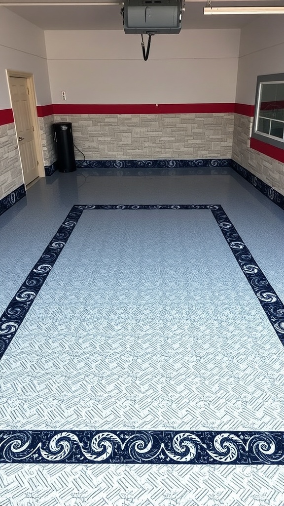 A stylish garage with black and blue epoxy flooring featuring bold accents.