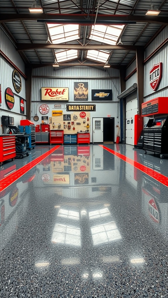 A modern workshop with shiny gray epoxy flooring and bold red accents, showcasing a stylish and functional garage interior.