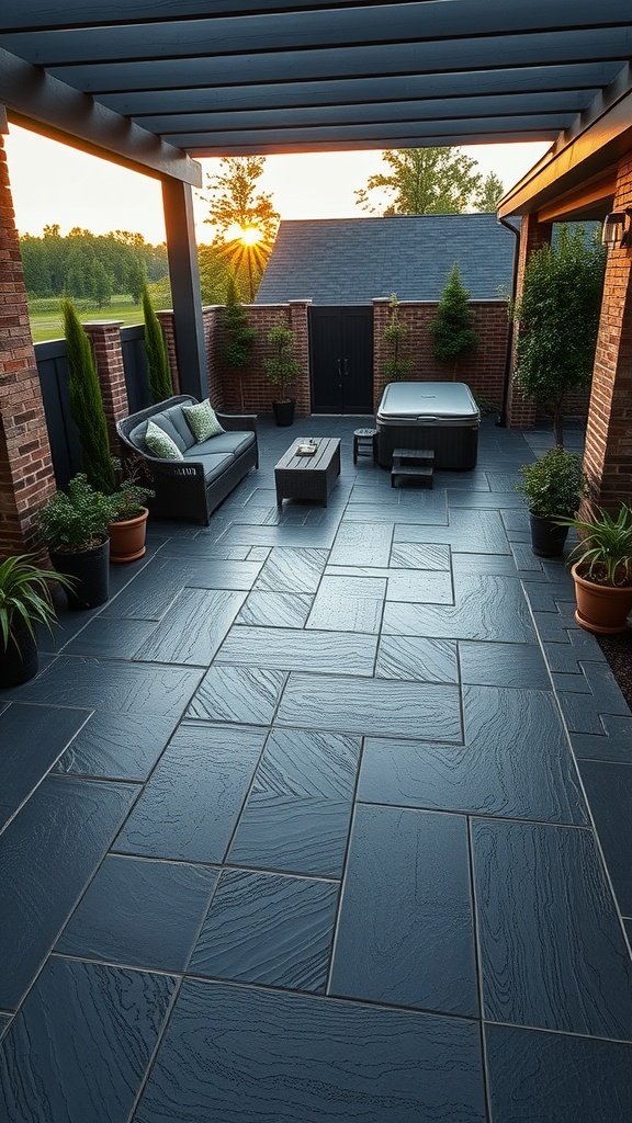 A beautifully designed patio with bold charcoal gray epoxy flooring, featuring textured patterns and a cozy seating area.