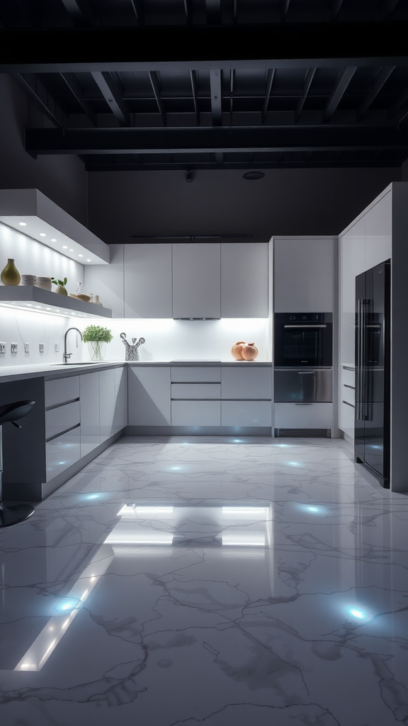Stylish kitchen with bold colored epoxy flooring and modern decor