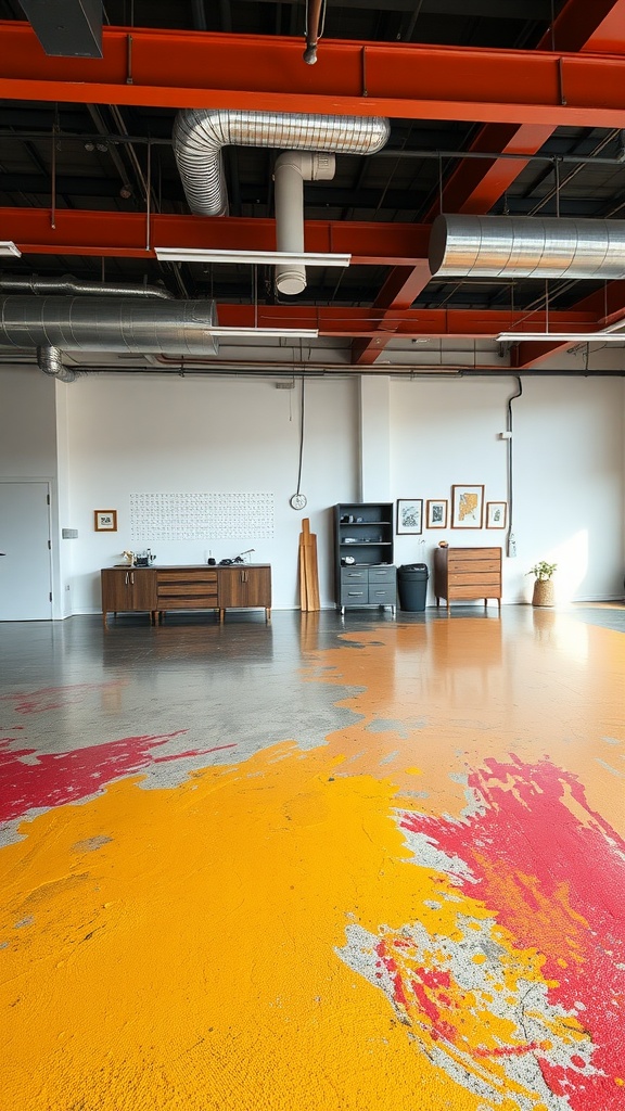 A vibrant studio featuring bold color block epoxy flooring with red and blue sections.