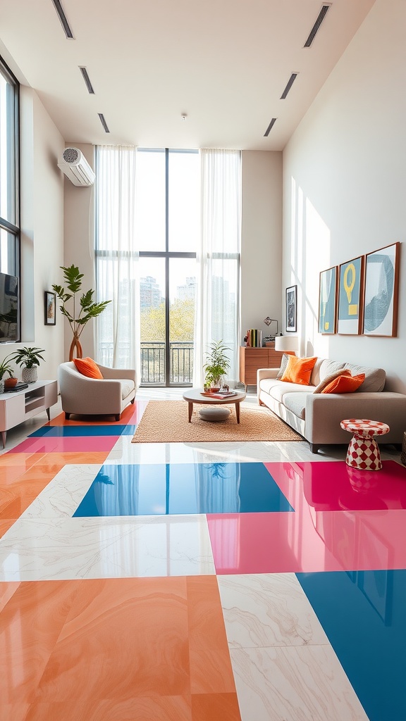 A living room with bold color block epoxy flooring featuring pink, blue, and orange sections.