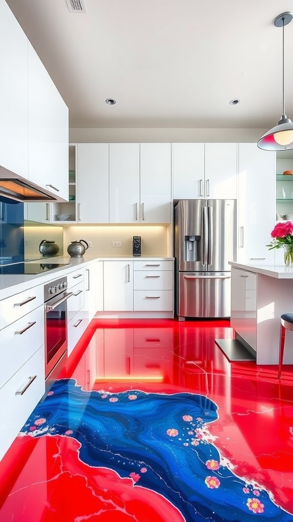 A bold color block epoxy floor featuring vibrant patterns and designs, including a koi fish and wave motif, set in a modern kitchen space.