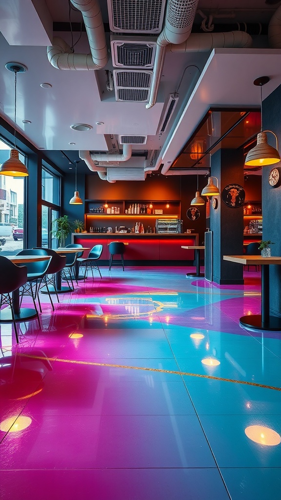 A modern epoxy floor featuring a flowing river design in vibrant blue hues over a dark base, enhancing the interior space.