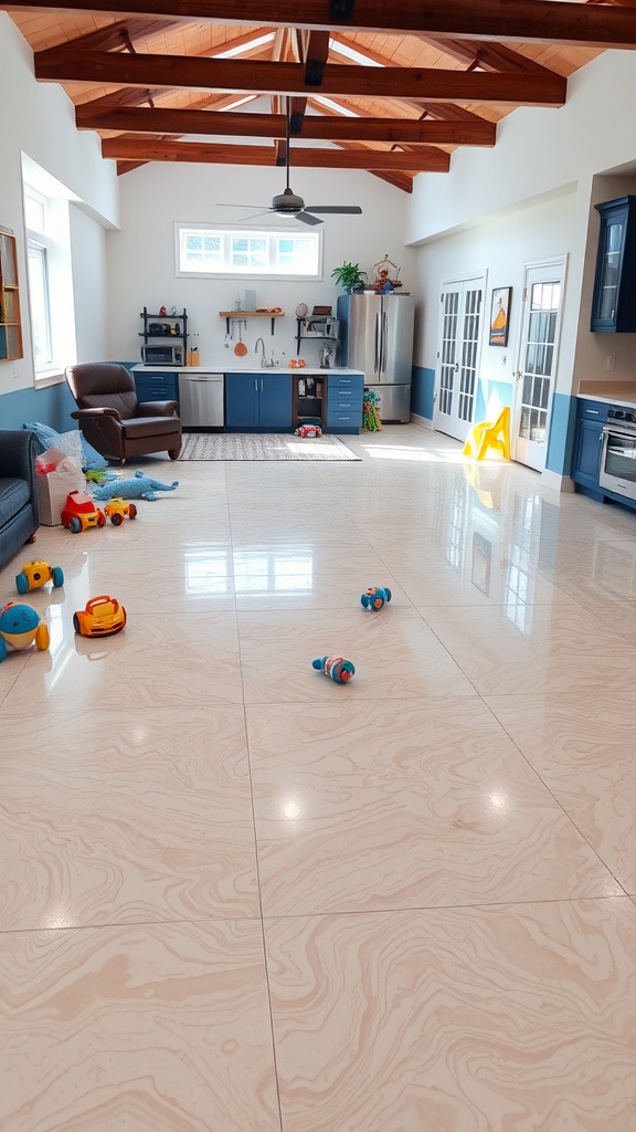 A modern kitchen with glossy epoxy floors and colorful toys scattered around, showcasing an inviting atmosphere.