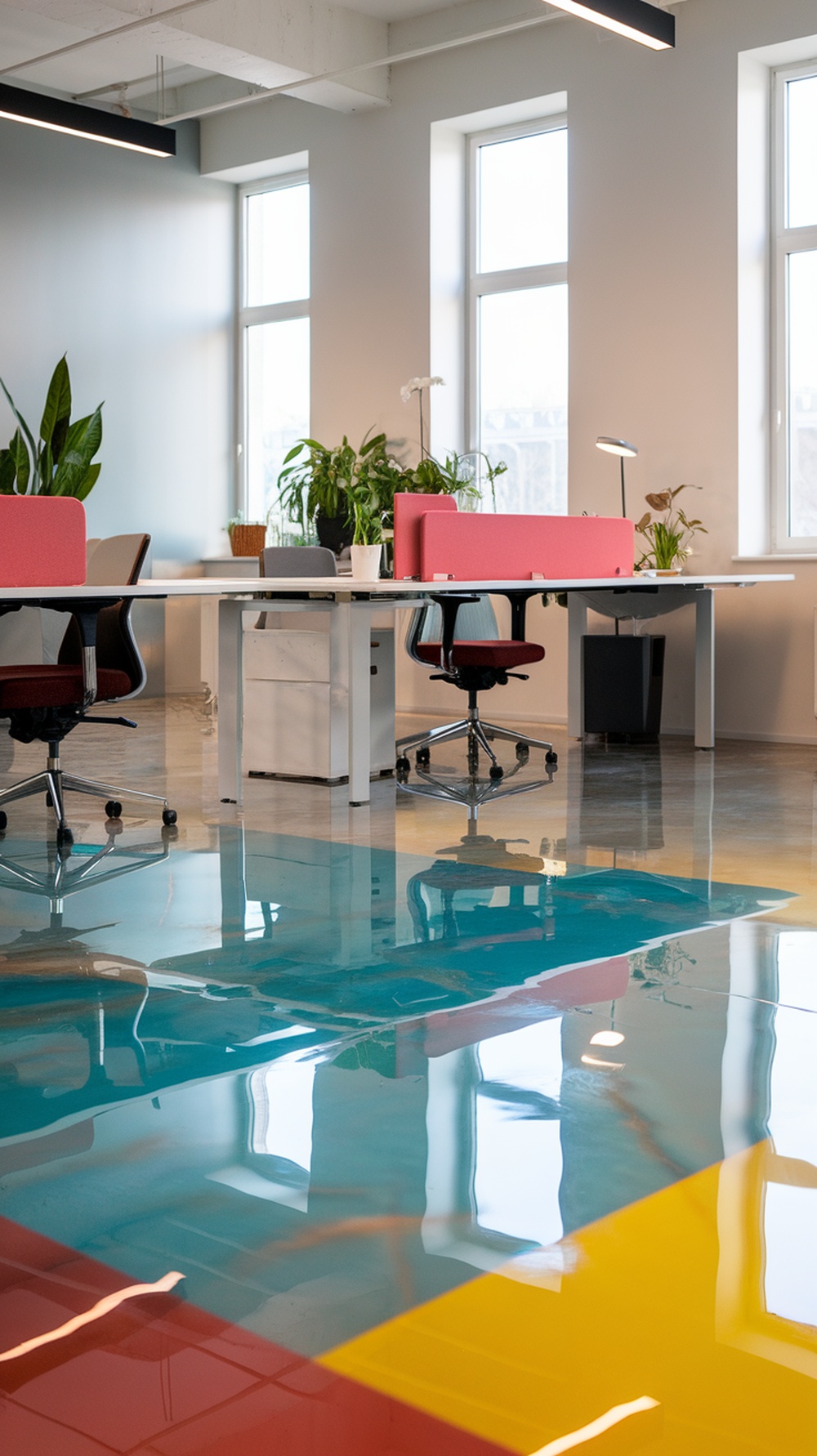 An office space featuring bold color block epoxy flooring with turquoise, red, and yellow sections.