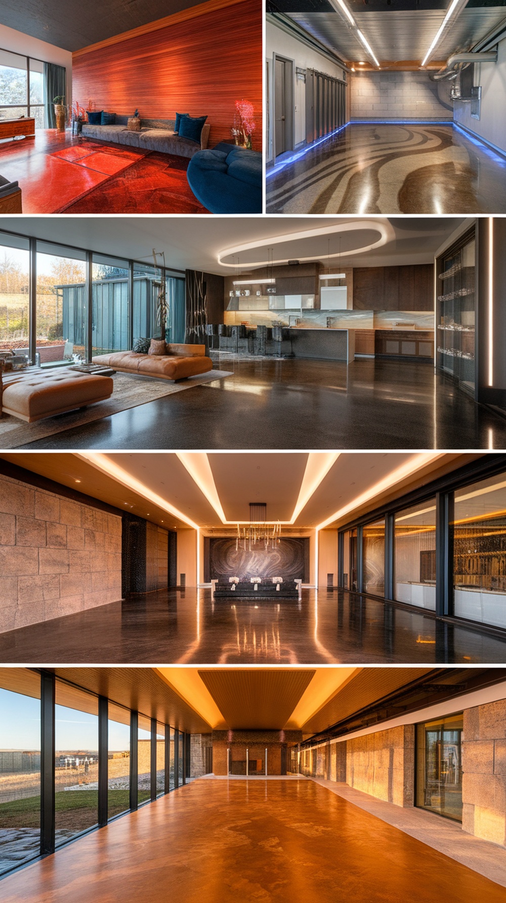Examples of bold color choices in epoxy and stained concrete floors, showcasing vibrant and warm tones in various home settings.