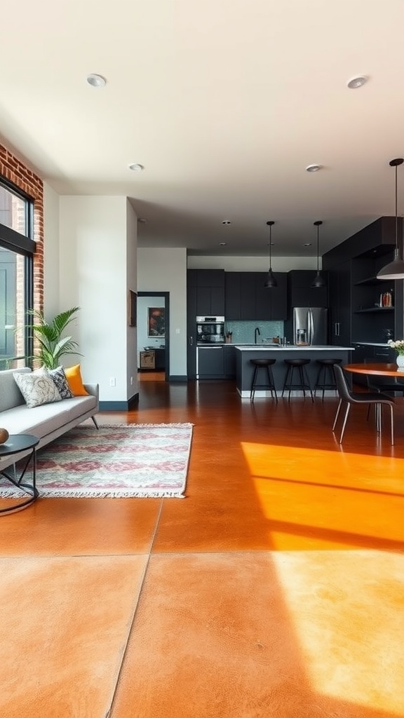 A modern living space featuring polished concrete epoxy floors with warm tones, complemented by stylish furniture and natural light.