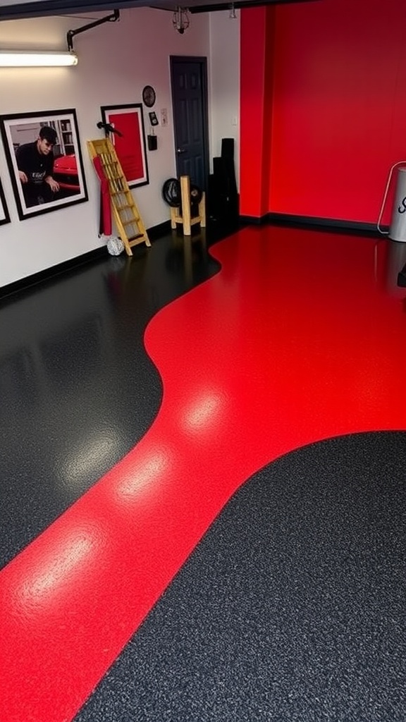 Stunning epoxy garage floor with bold red and black designs, featuring a modern sports car above it.